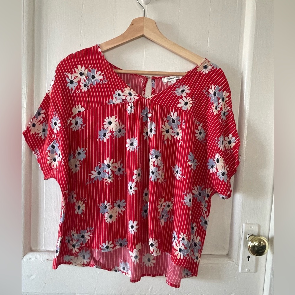 Madewell Blouse‎ Womens Medium  Red Striped Floral Boho Cottagecore 100% Viscose